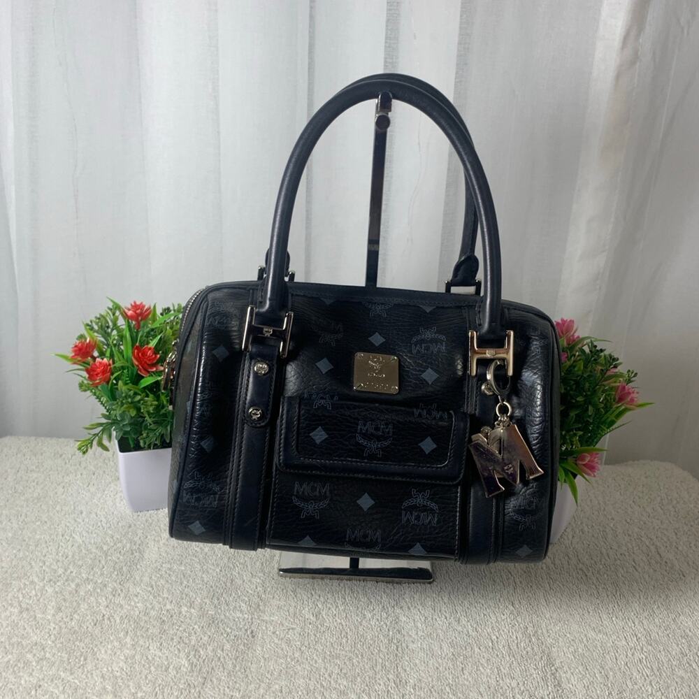 GUC MCM Black Visetos Boston Bag L 10”xH 7”xD 6”